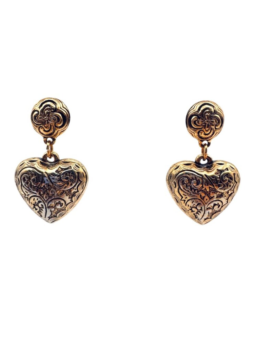 Vintage Puffy Heart Dangle Earrings Gold Tone Floral Embossed Western Cottage - Picture 3 of 5